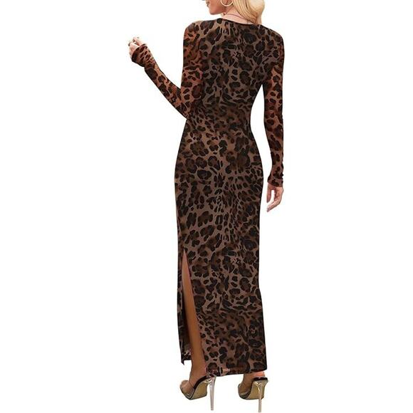 Womens Leopard Print Bodycon Mobwife Office Siren Sexy Ruched Maxi Dress Large - Picture 2 of 8